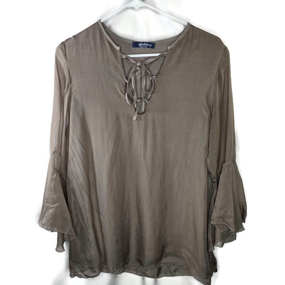 Giulia Italian Silk Beige Taupe Tie Front Boho Top Size Medium